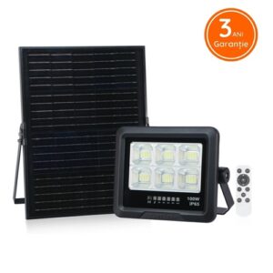 Proiector LED 100W Slim cu Panou Solar si Telecomanda