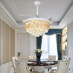 Candelabru LED 72W Cristal K9, 3 Functii Lumina, Ventilator si Telecomanda